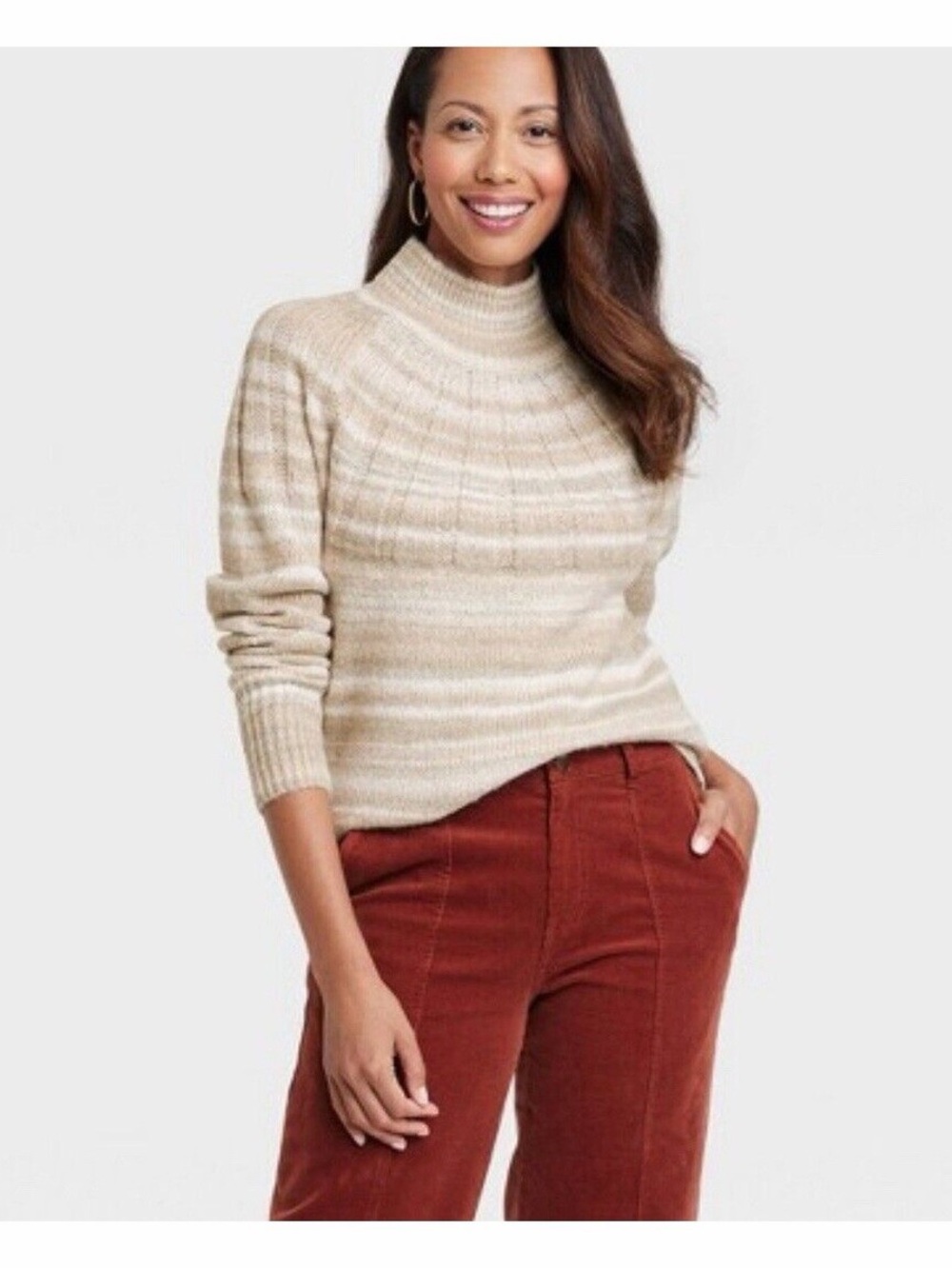 New Knox Rose Women’s beige and white striped mock neck pullover sweater Large